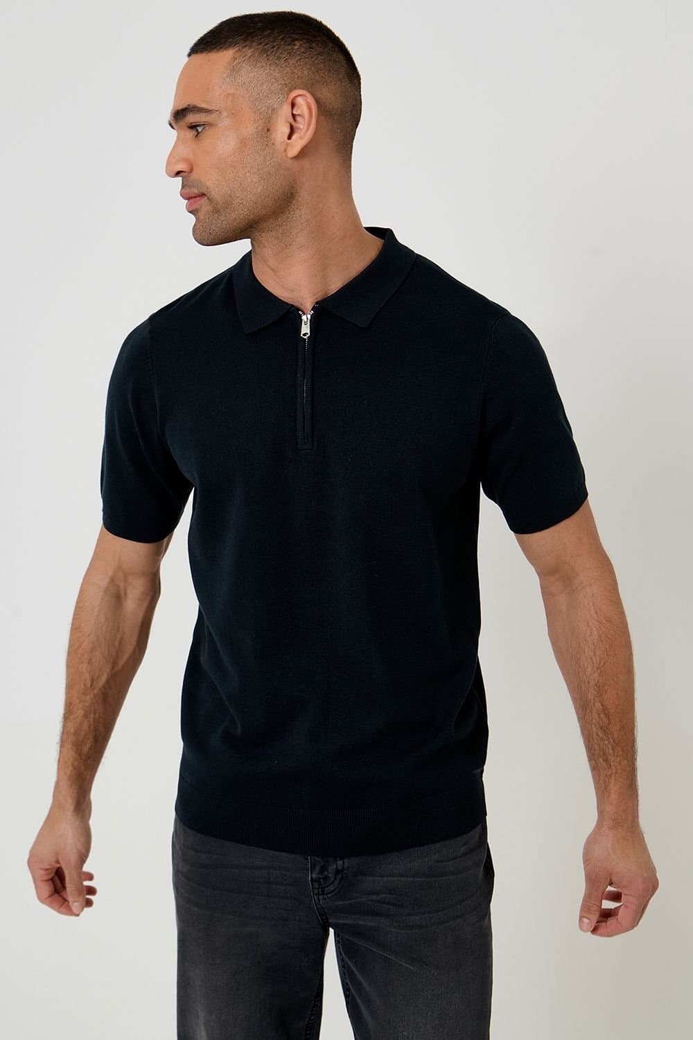 Threadbare Threadbare Men's Quarter Zip Knitted Polo in Black