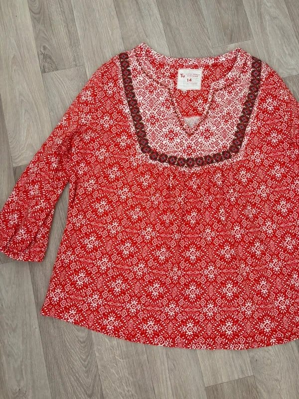 TU Red Boho Floral Print Tunic Top