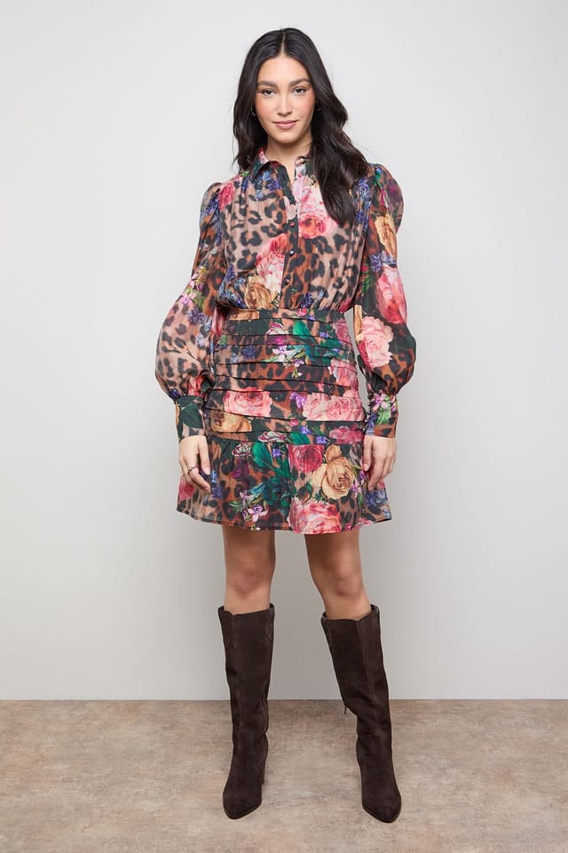 Oasis Oasis Women's Long Sleeve Button Up Collar Detail Mini Dress in Animal - 2