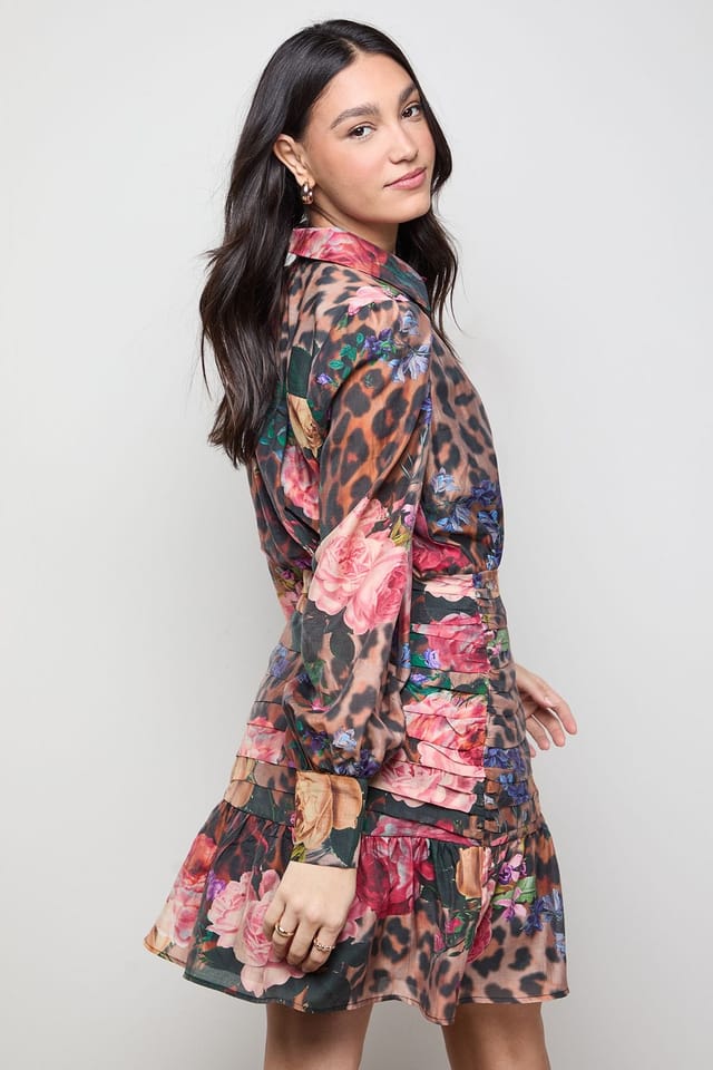 Oasis Oasis Women's Long Sleeve Button Up Collar Detail Mini Dress in Animal - 3