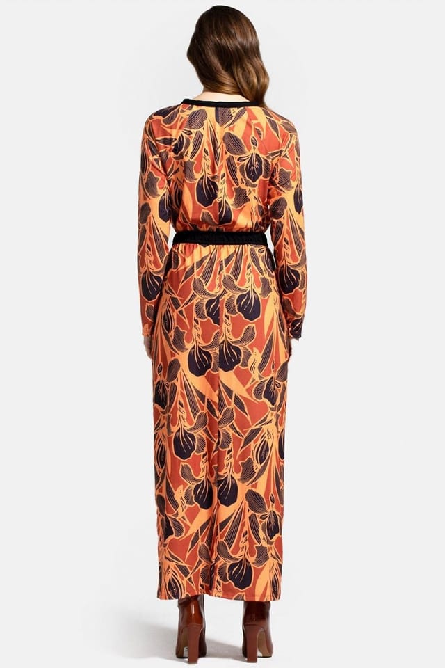 Hot Squash Hot Squash Women's Long Sleeve Maxi Dress with Neck Tie in Brown - 2