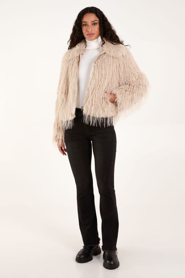 Blue Vanilla Blue Vanilla Women's Textured Faux Fur Collar Coat in Beige - 3