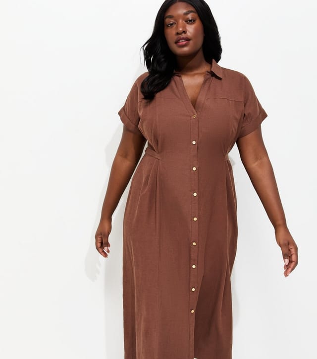 New Look Women's Plus Size Dark Brown With Cotton Midi Shirt Dress Curves New Look - 2