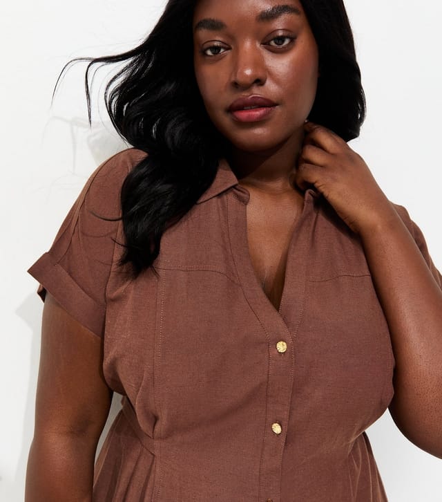 New Look Women's Plus Size Dark Brown With Cotton Midi Shirt Dress Curves New Look - 3