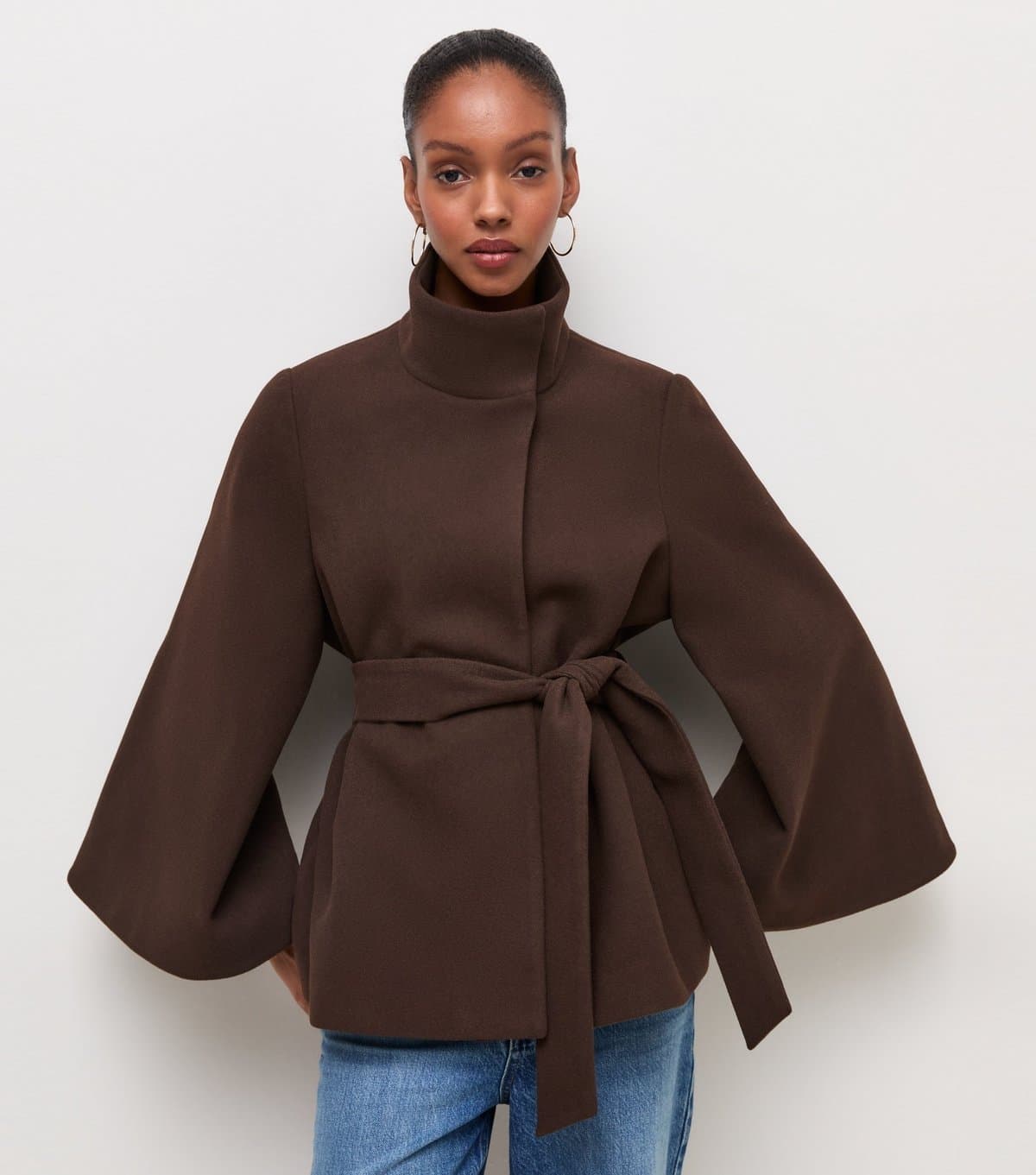 New Look Women's Dark Brown Wide Sleeve Belted Cape Jacket New Look