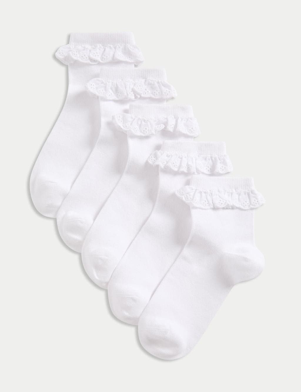 Marks & Spencer M&S 5 Pack Cotton Rich Broderie Frill School Socks White