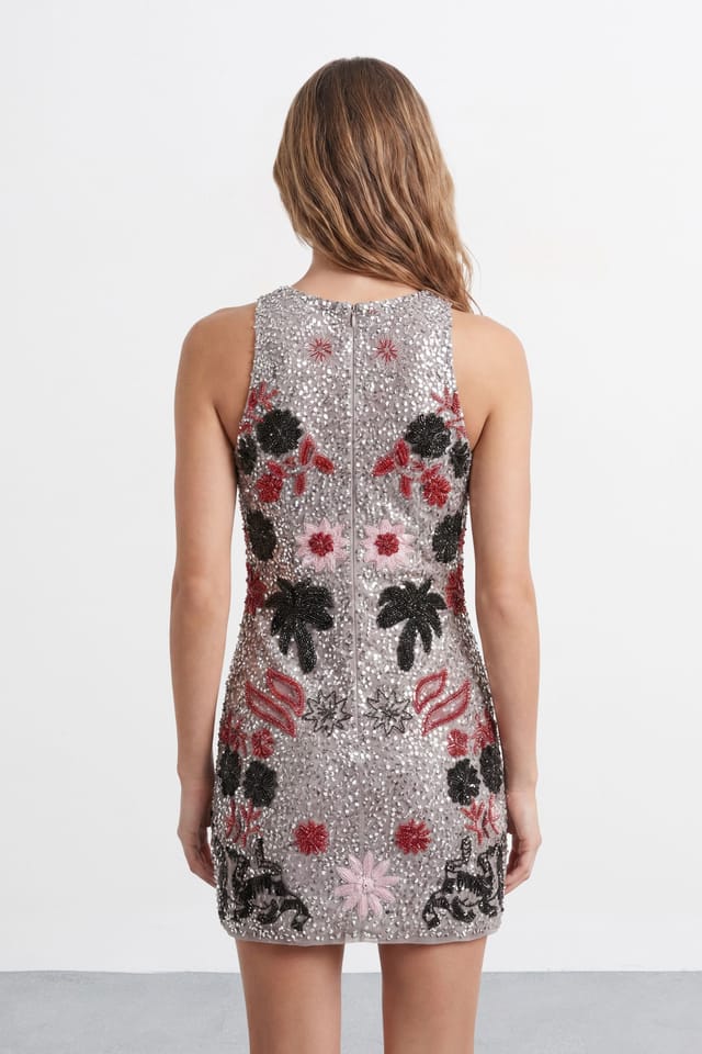 Warehouse Warehouse Women's Premium Hand Embellished Floral Motif Mini Dress in Grey - 3