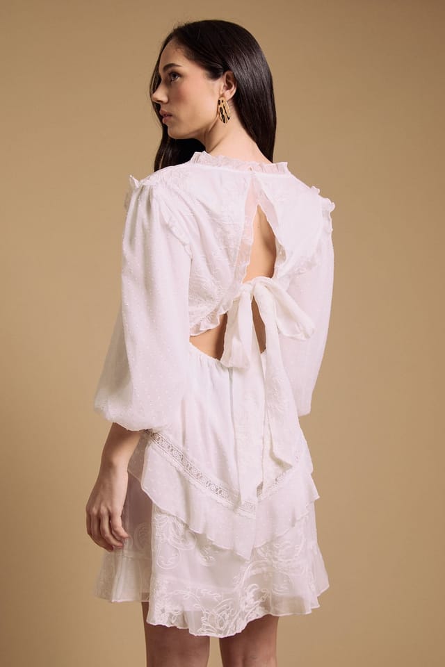 Oasis Oasis Women's Chiffon Mix Mini Dress With Tie Back in Ivory - 3