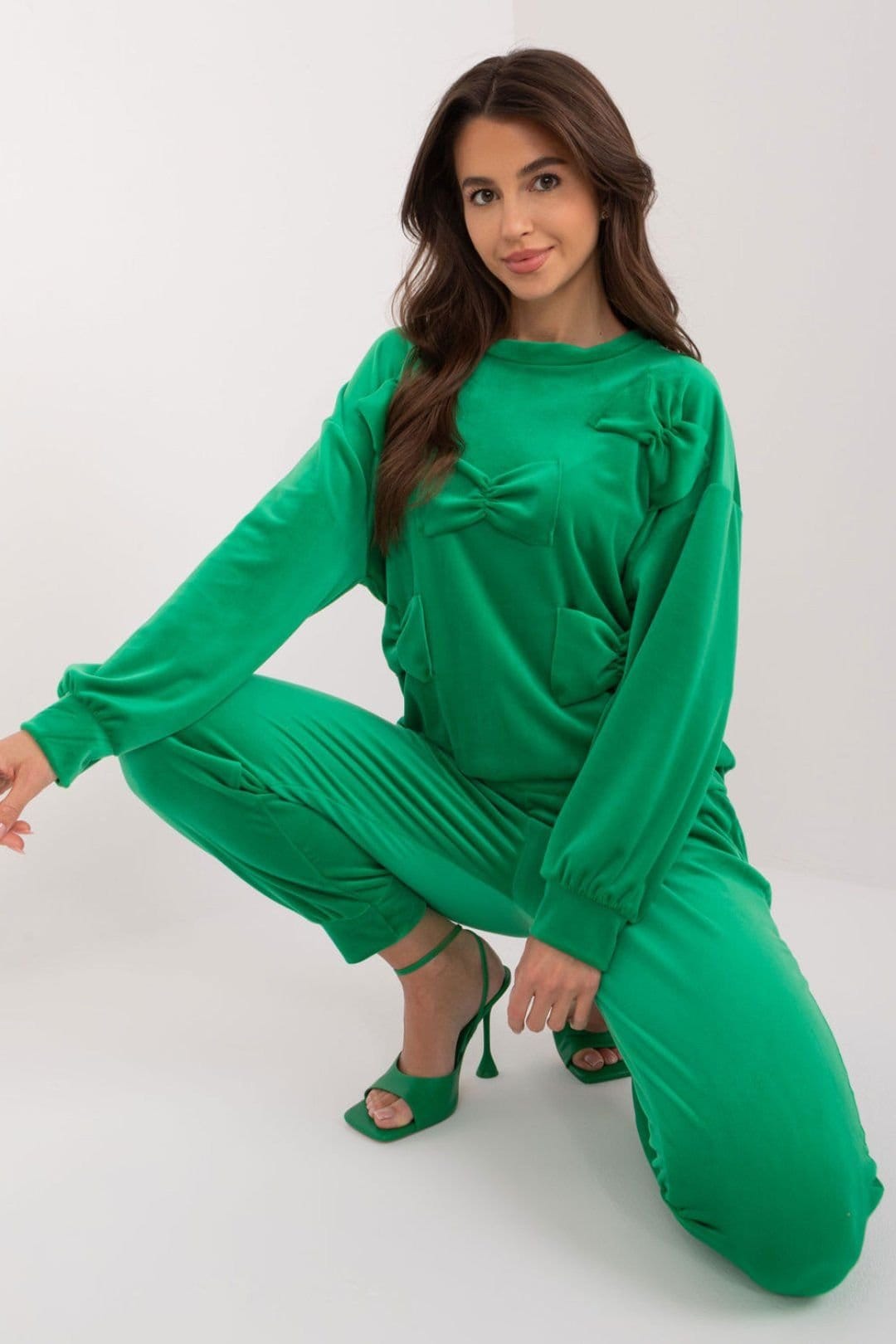 Love Lace Green Velour Bow Detail Sweatshirt Pants Set