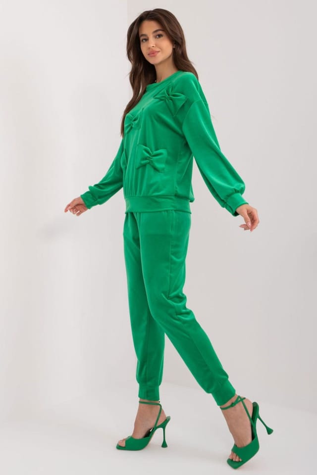 Love Lace Love Lace Women's Velour Bow Detail Sweatshirt Pants Set in Green - 2