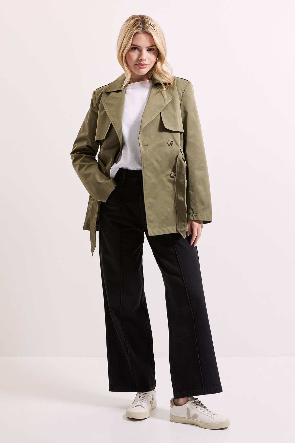 Dorothy Perkins Dorothy Perkins Women's Double Breasted Belted Trench Coat in Khaki