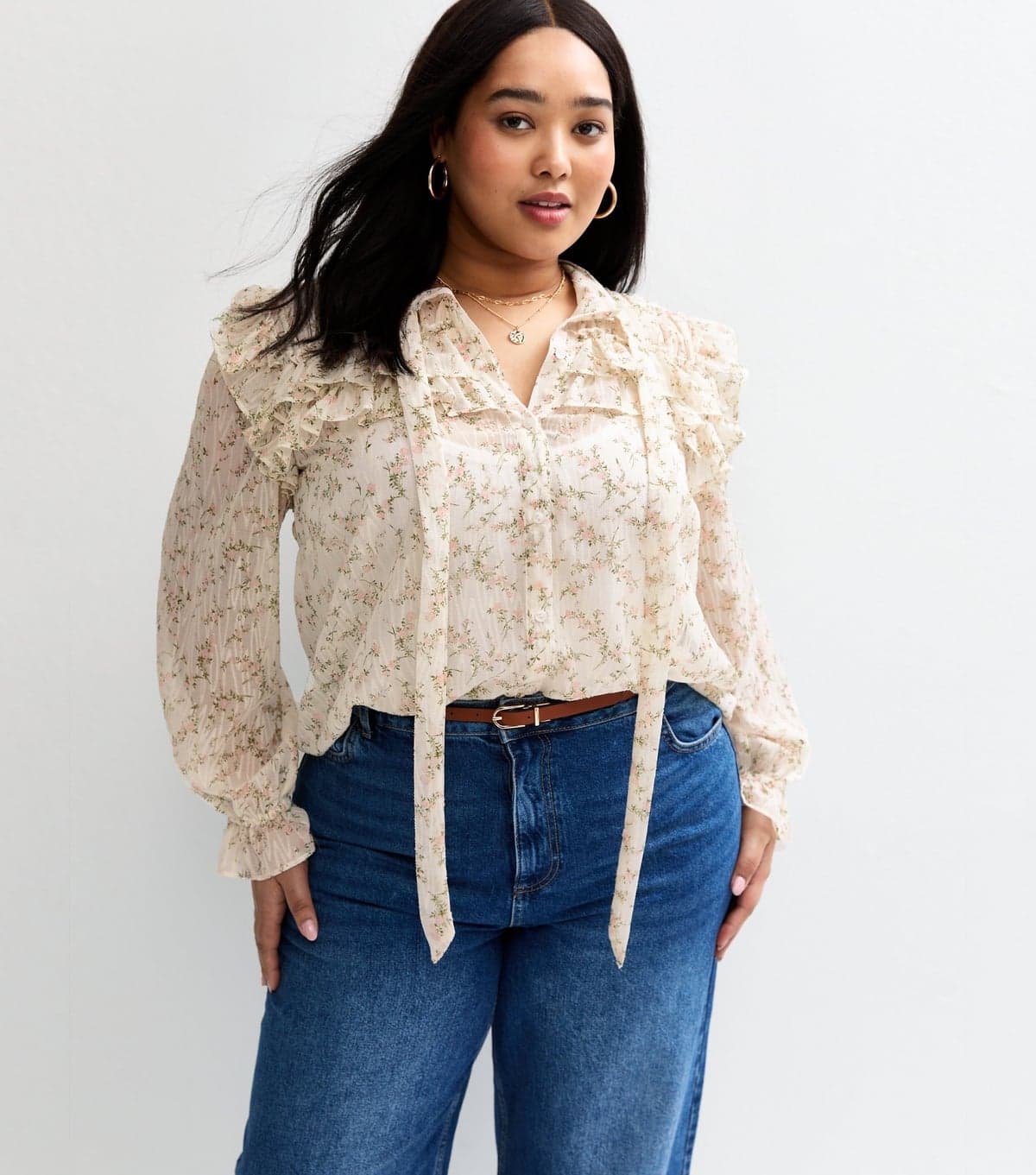 New Look Women's Plus Size White Floral Print Ruffle Trim Blouse Curves New Look