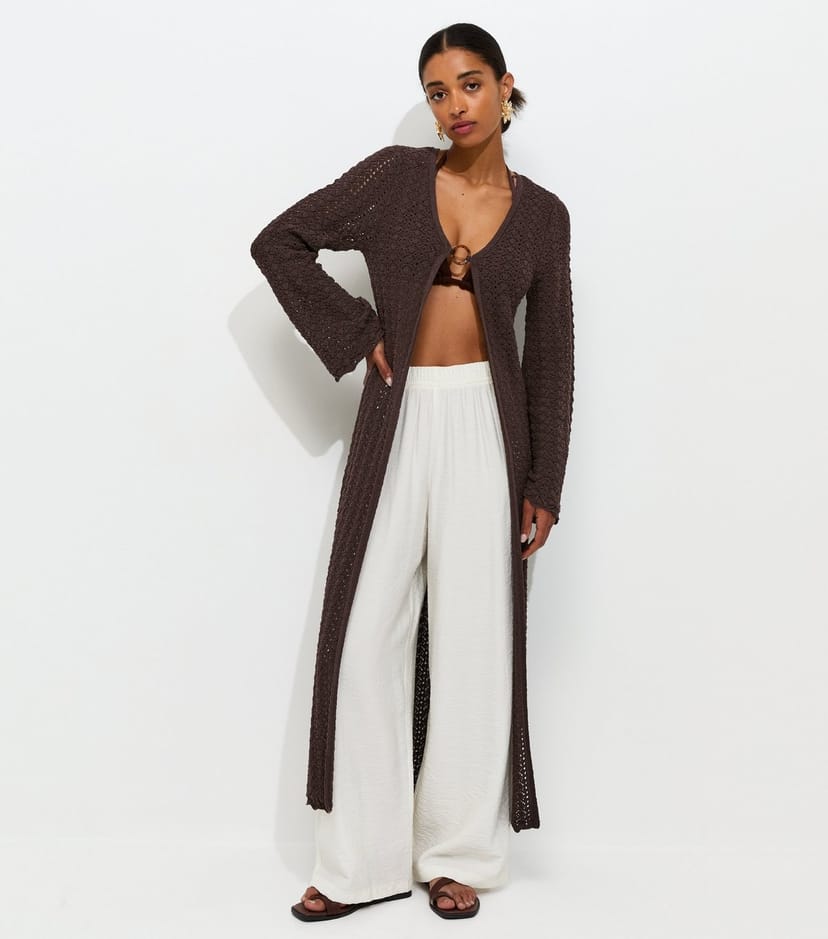 New Look Women's Dark Brown Pointelle Longline Cardigan New Look - 1