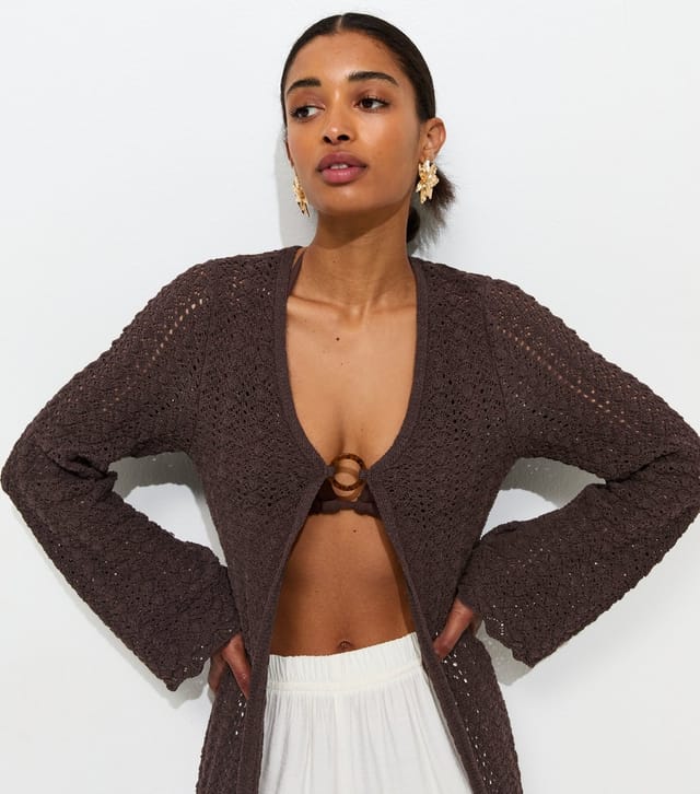 New Look Women's Dark Brown Pointelle Longline Cardigan New Look - 2
