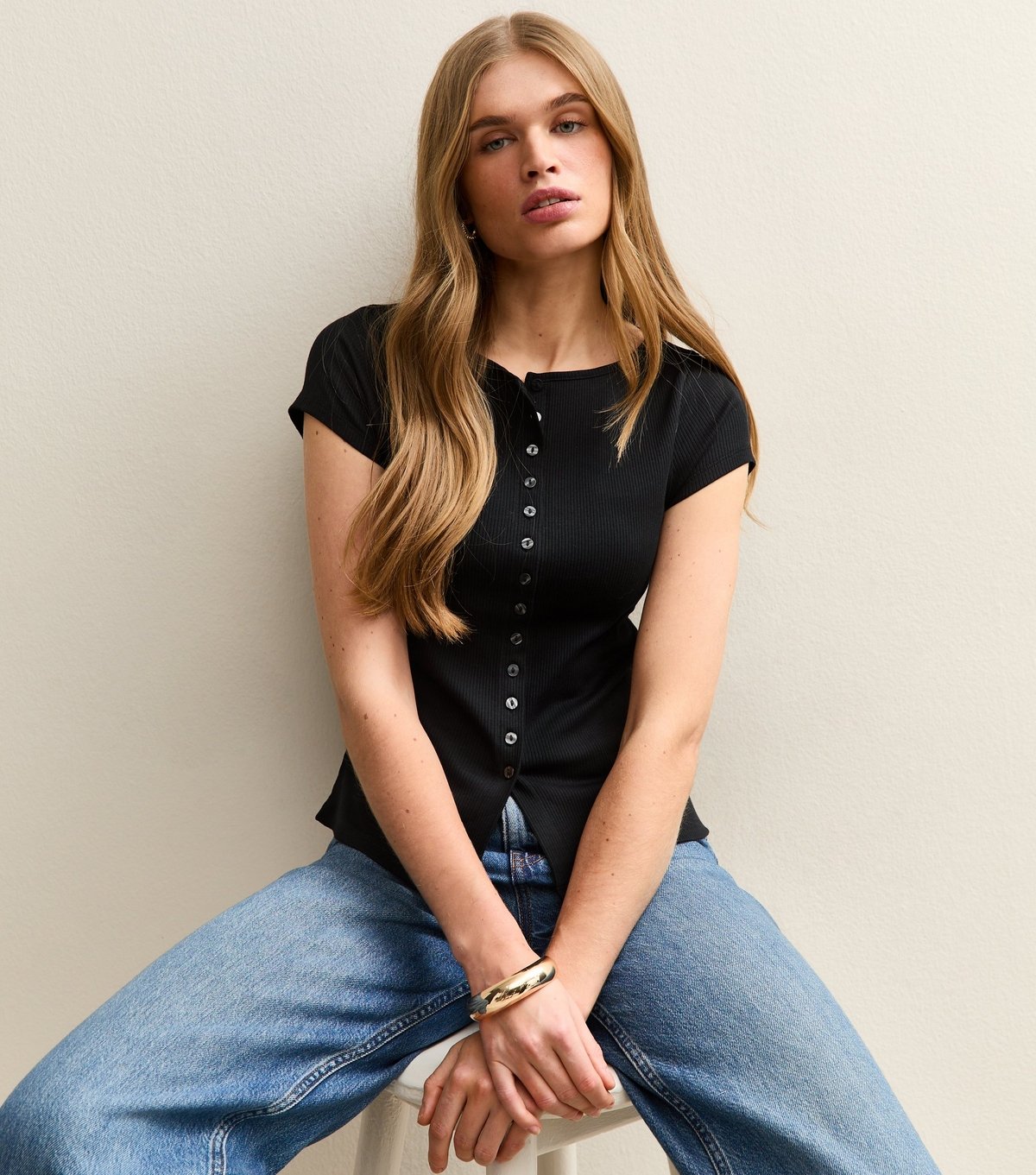 New Look Women's Black Button Through Baby Tee New Look - 2