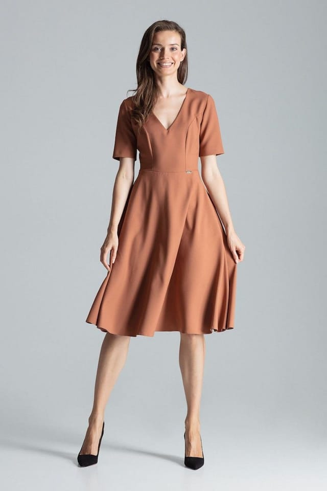 Love Lace Love Lace Women's Flared Midi Dress with Pockets & Zip in Brown - 2
