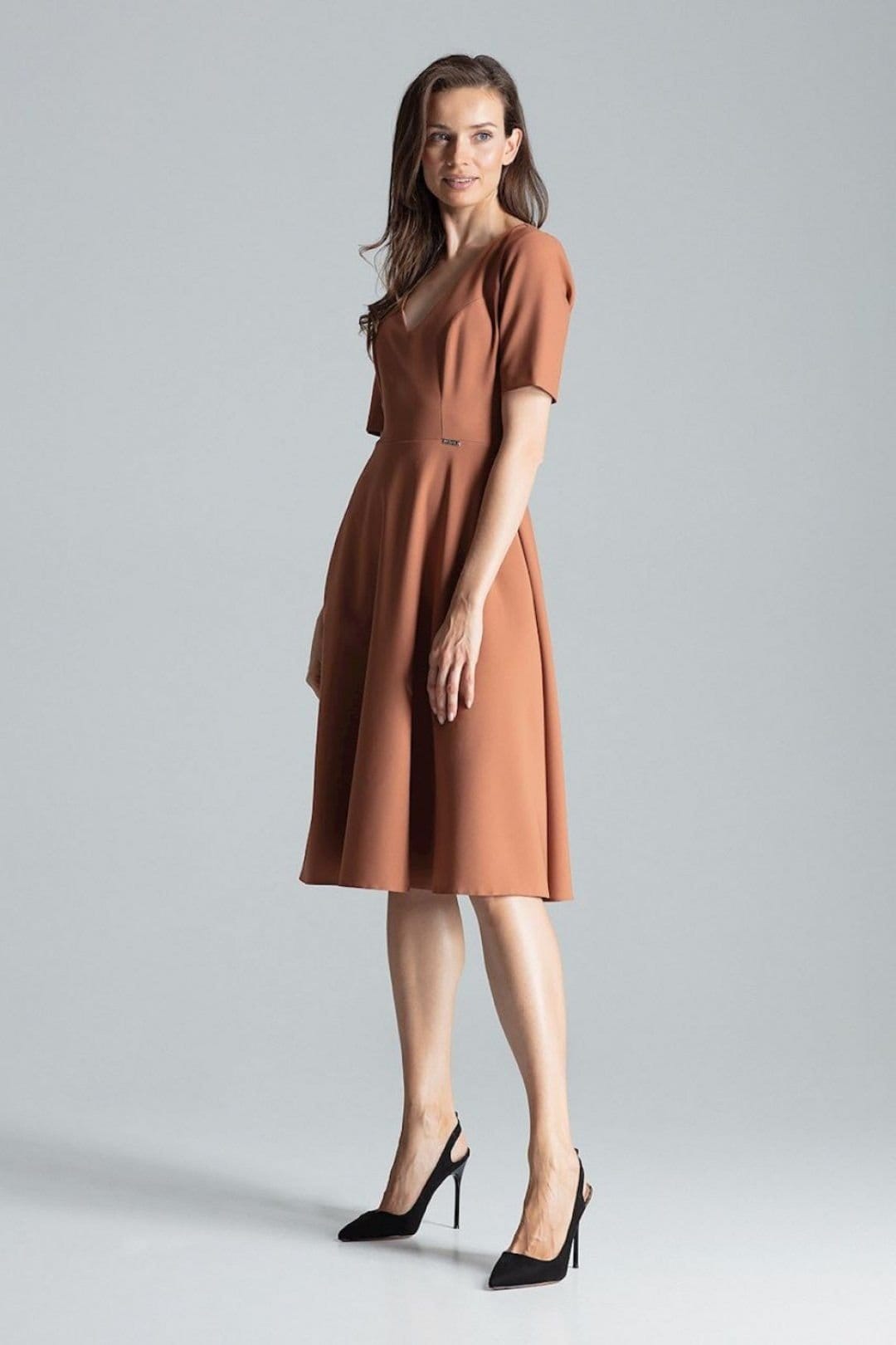 Love Lace Love Lace Women's Flared Midi Dress with Pockets & Zip in Brown - 4