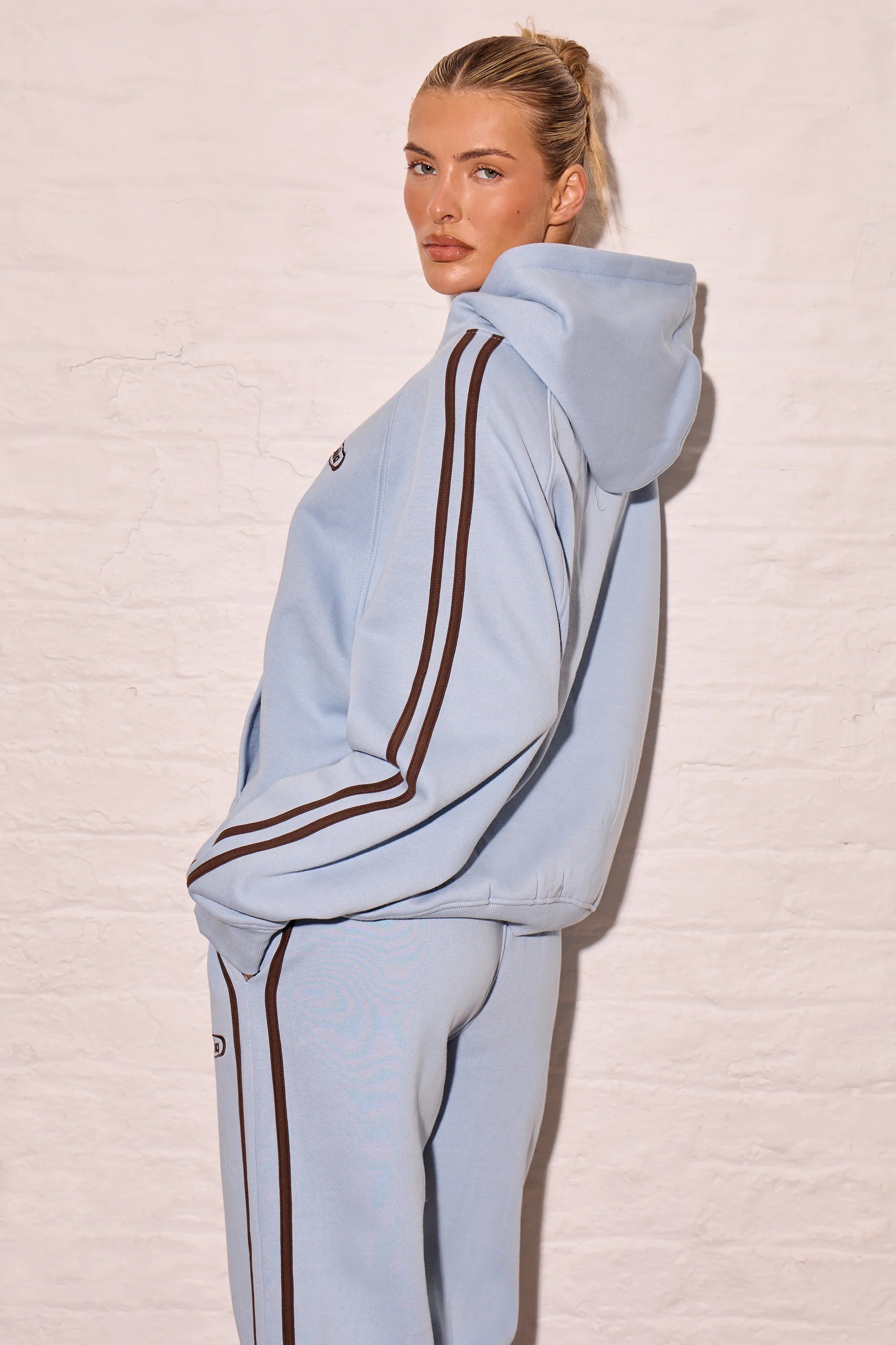 Kaiia Kaiia Sport Side Stripe Oversized Hoodie Dusty Blue & Chestnut Brown - 4