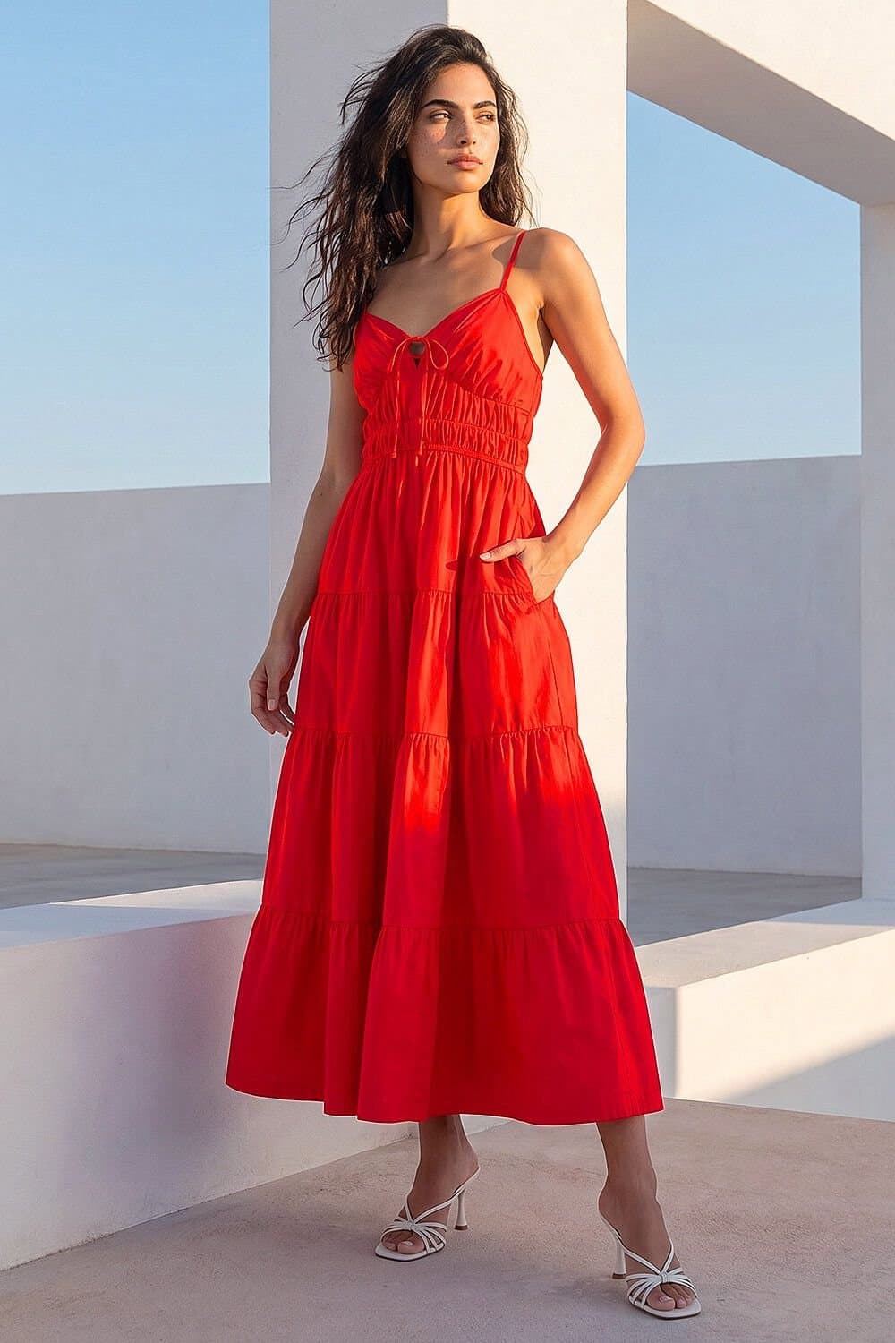 Dusk Dusk Women's Cotton Tiered Maxi Dress in Red