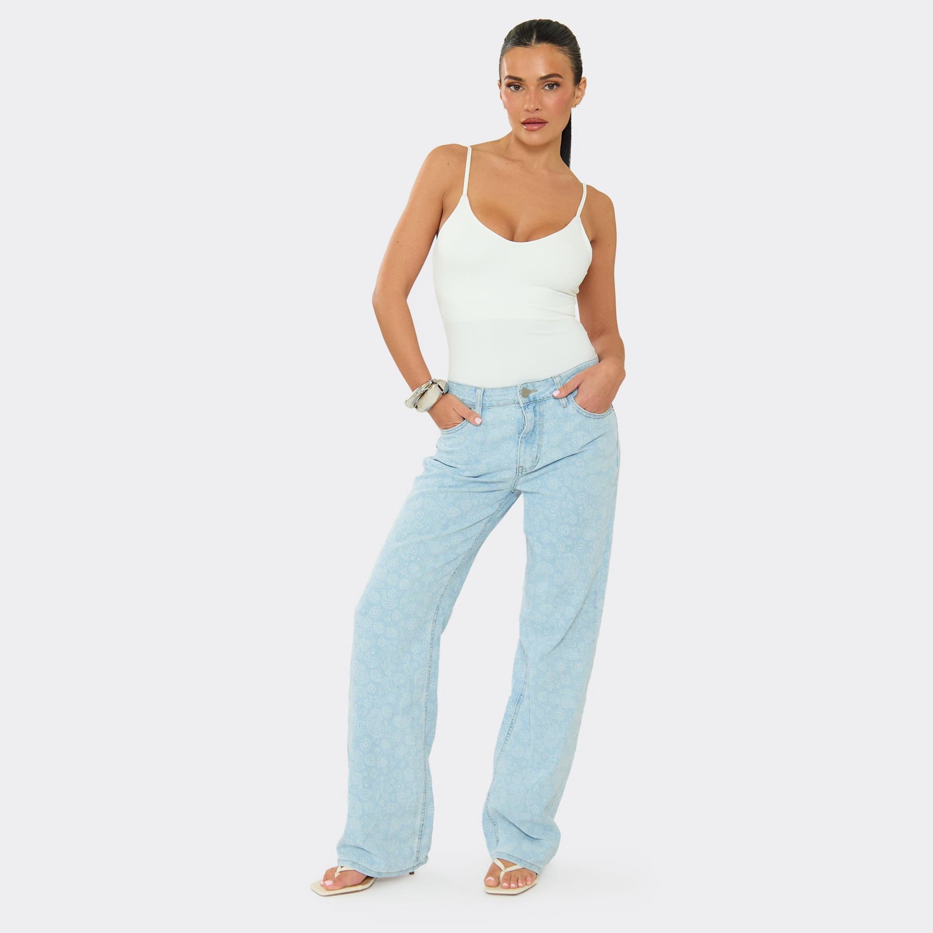 EGO Mid Rise Wide Leg Jeans In Light Blue Paisley Print, Women's Size UK L
