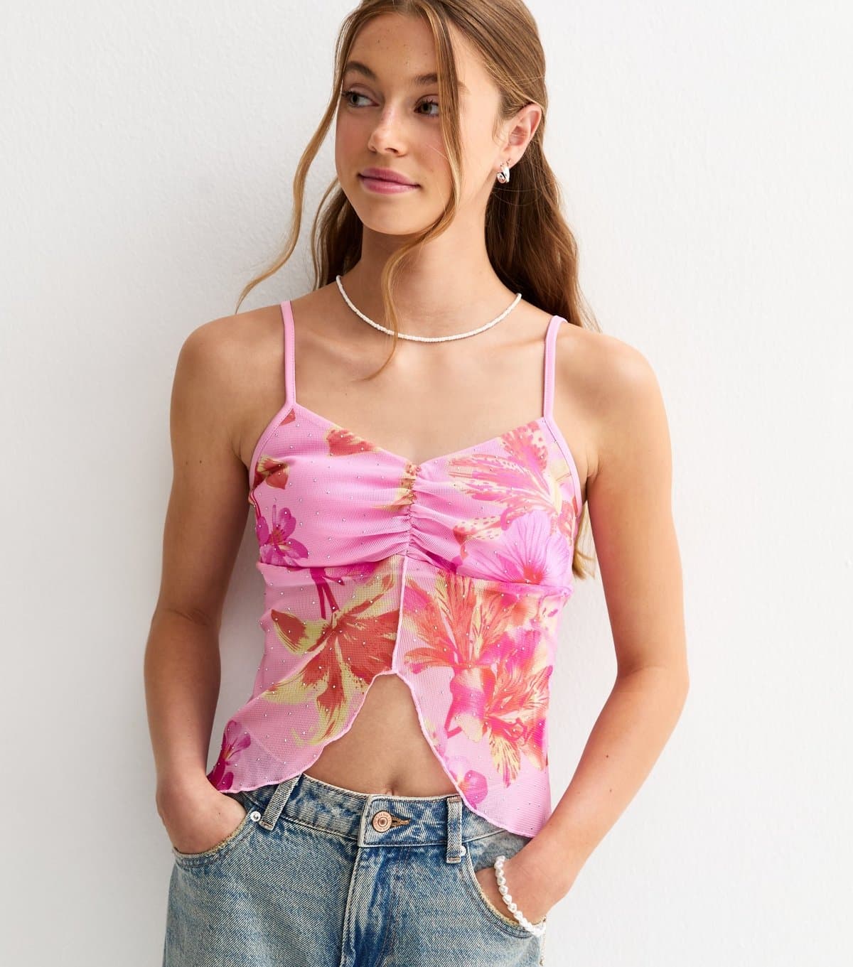 New Look Girls' Pink Mesh Tropical Print Cami Top New Look