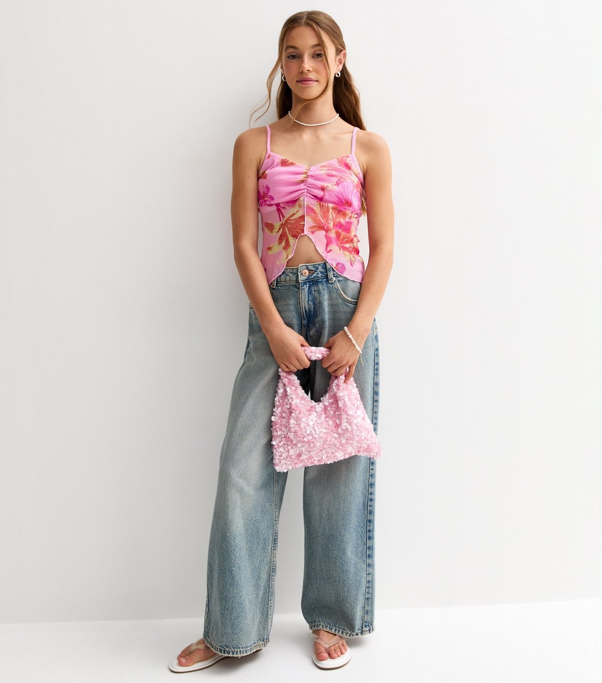 New Look Girls' Pink Mesh Tropical Print Cami Top New Look - 2