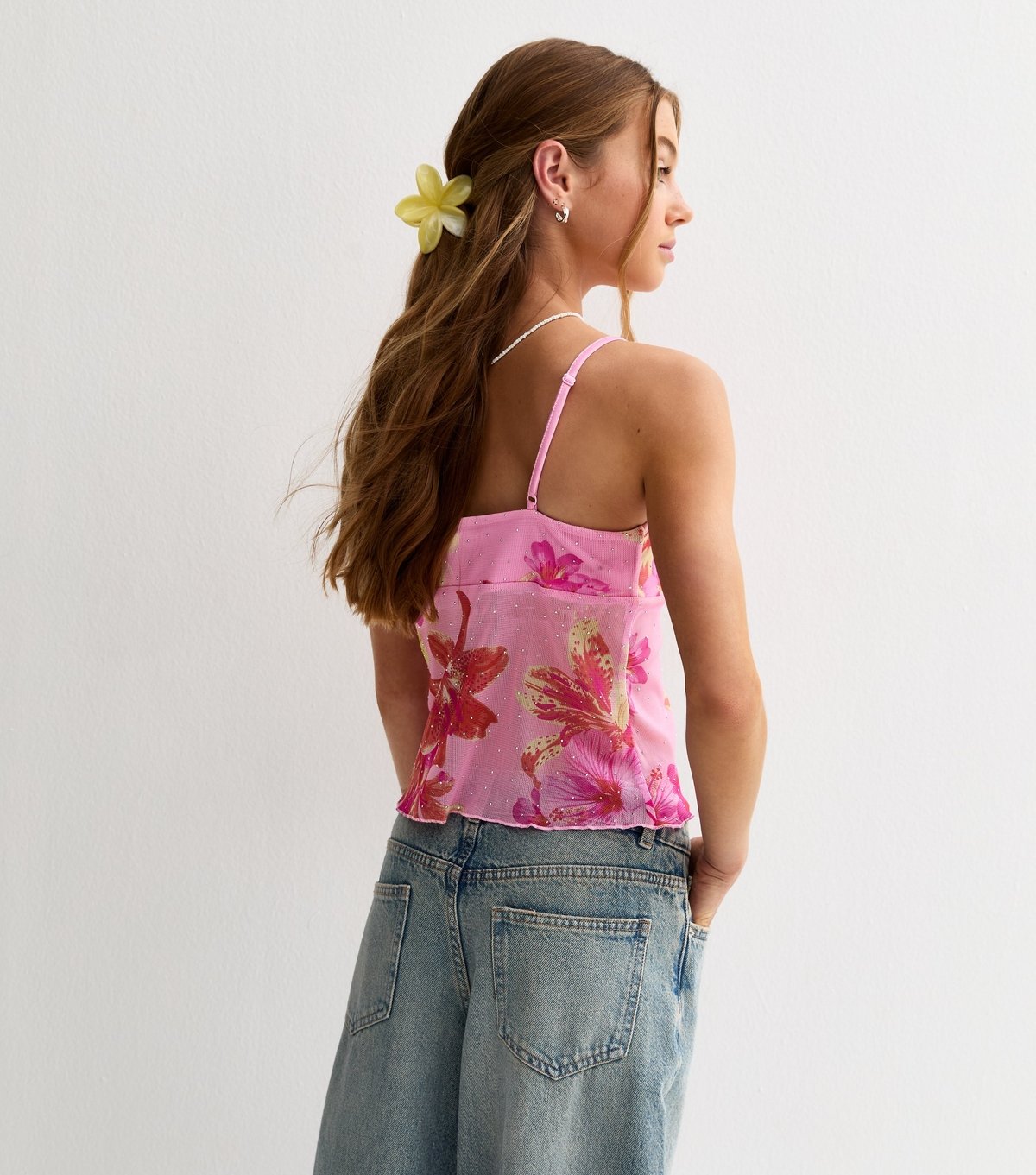 New Look Girls' Pink Mesh Tropical Print Cami Top New Look - 4