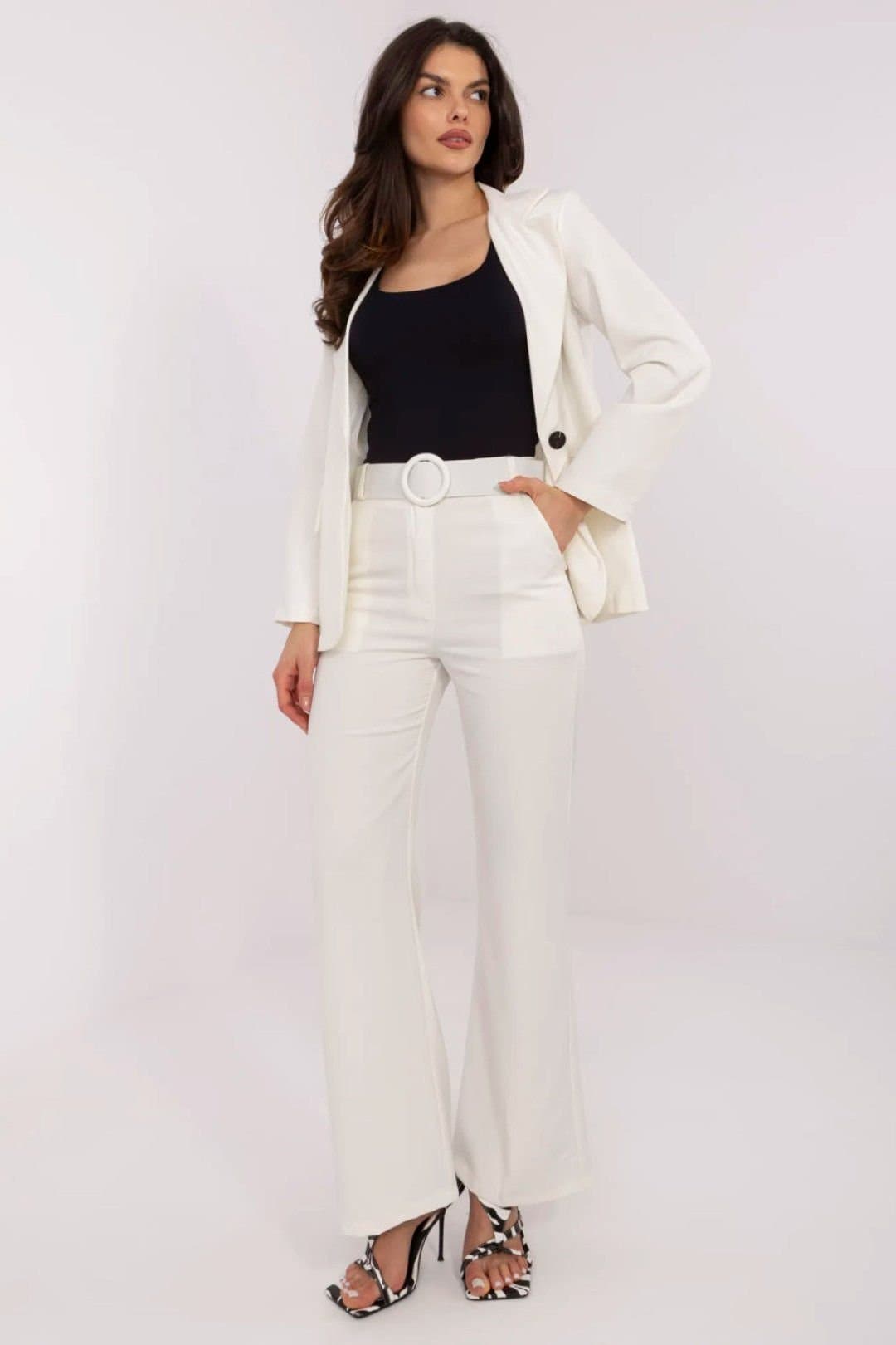 Love Lace Love Lace Women's Elegant High Waist Flared Trousers with Belt Style 209182 in White