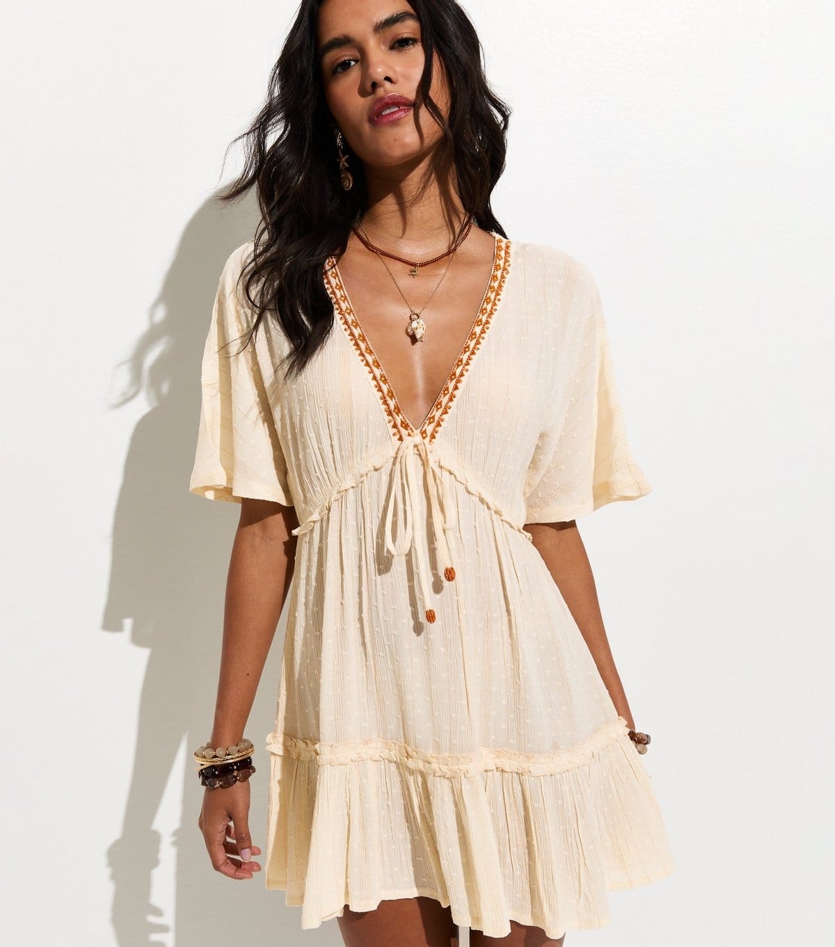 Women's Off White Dobby Texture Beaded Embroidered Trim Kaftan Dress New Look