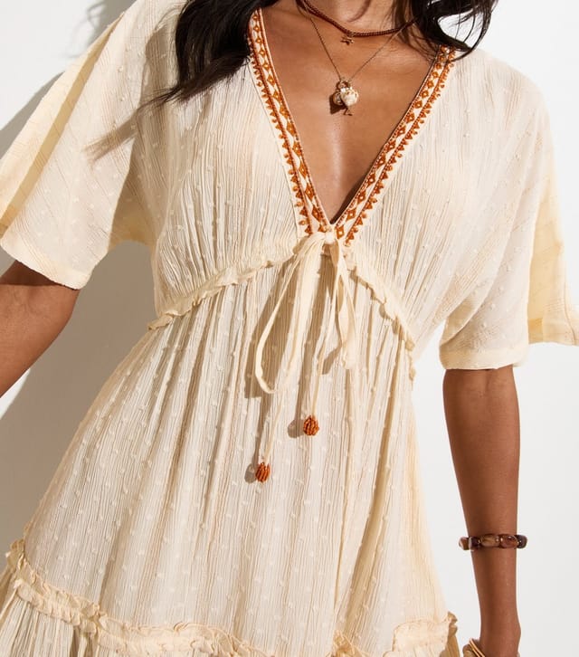 New Look Women's Off White Dobby Texture Beaded Embroidered Trim Kaftan Dress New Look - 2