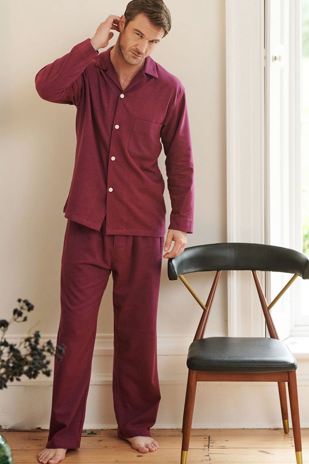 British Boxers British Boxers Men's 'Cahors' Herringbone Brushed Cotton Pyjama Set in Burgundy - 2