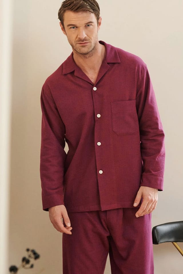 British Boxers British Boxers Men's 'Cahors' Herringbone Brushed Cotton Pyjama Set in Burgundy - 3