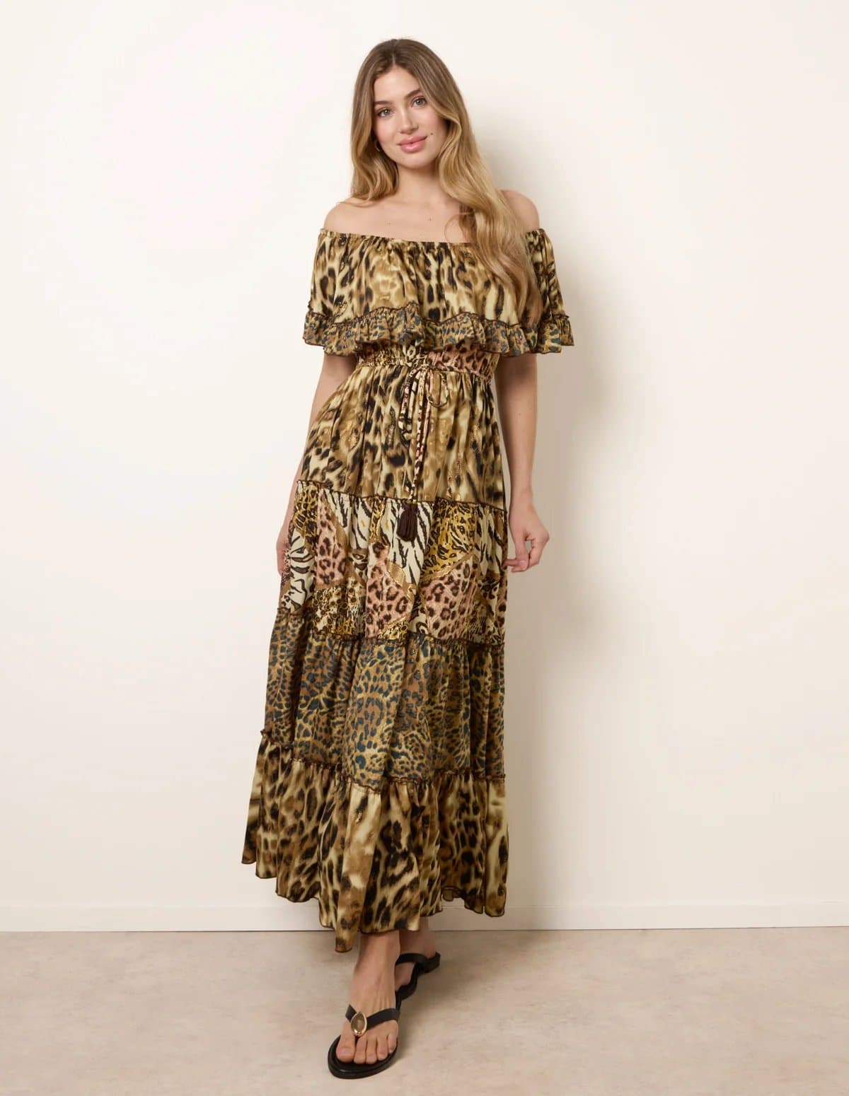 Blue Vanilla Animal Print Off The Shoulder Maxi Tiered Dress