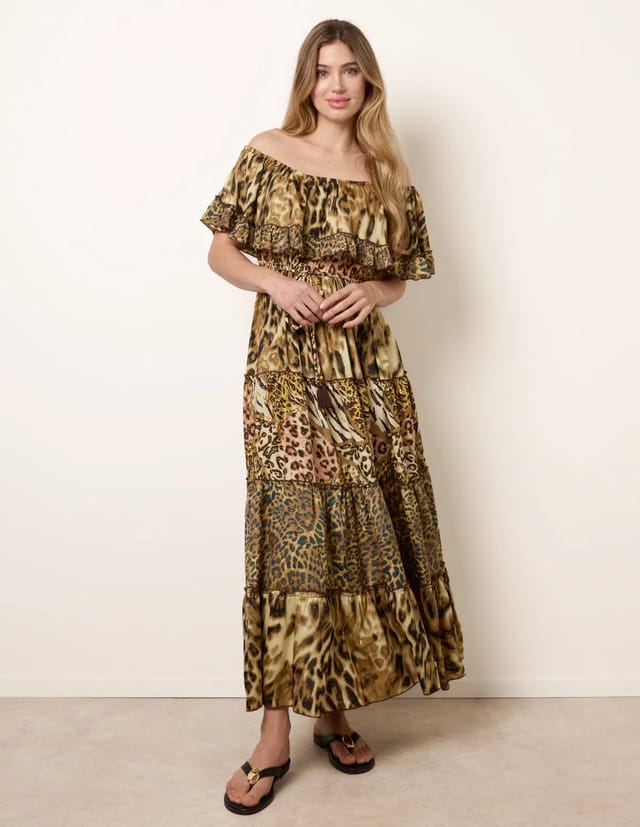 Blue Vanilla Animal Print Off The Shoulder Maxi Tiered Dress - 3
