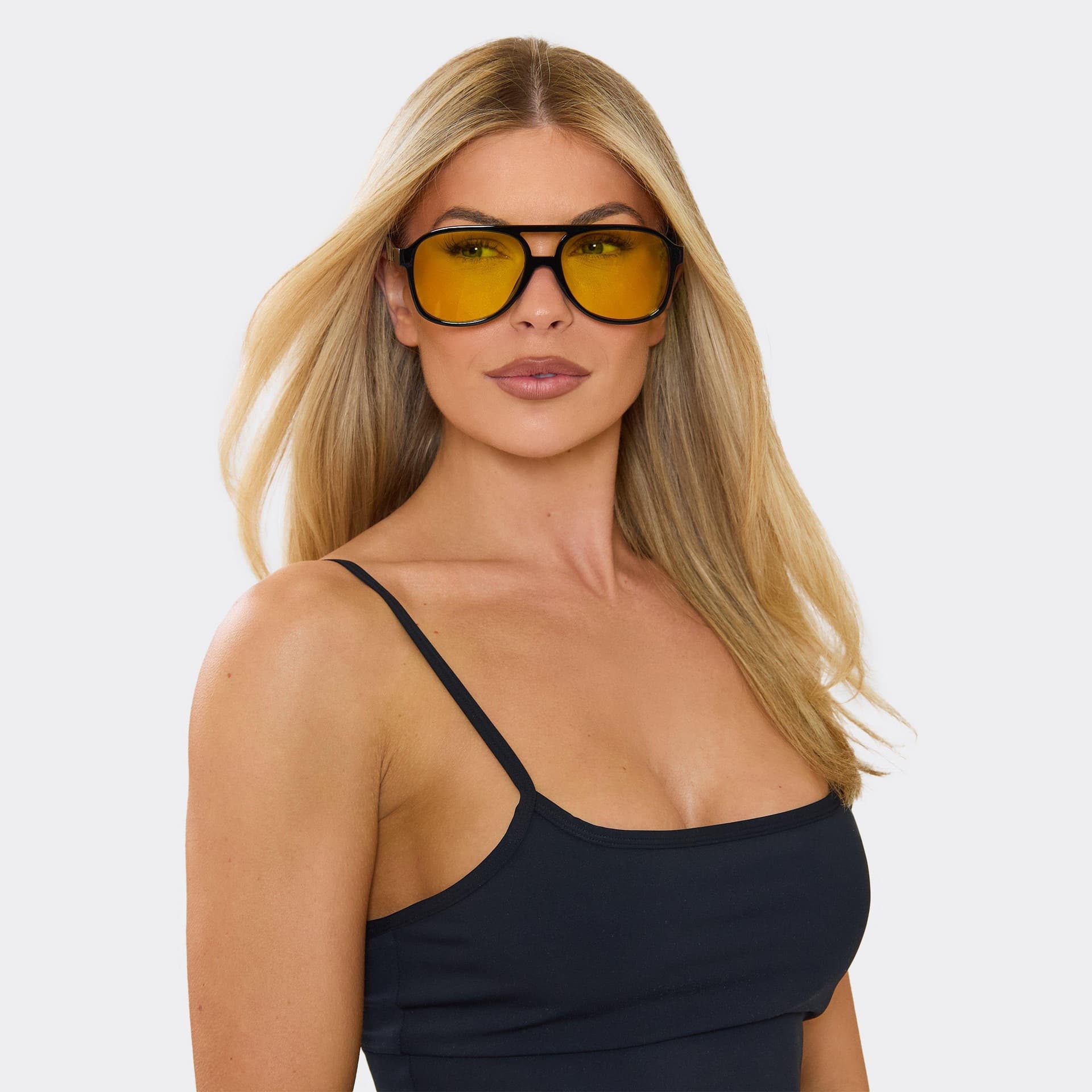 EGO Thin Frame Yellow Tinted Lense Aviator Sunglasses In Black, Women's Size UK 0