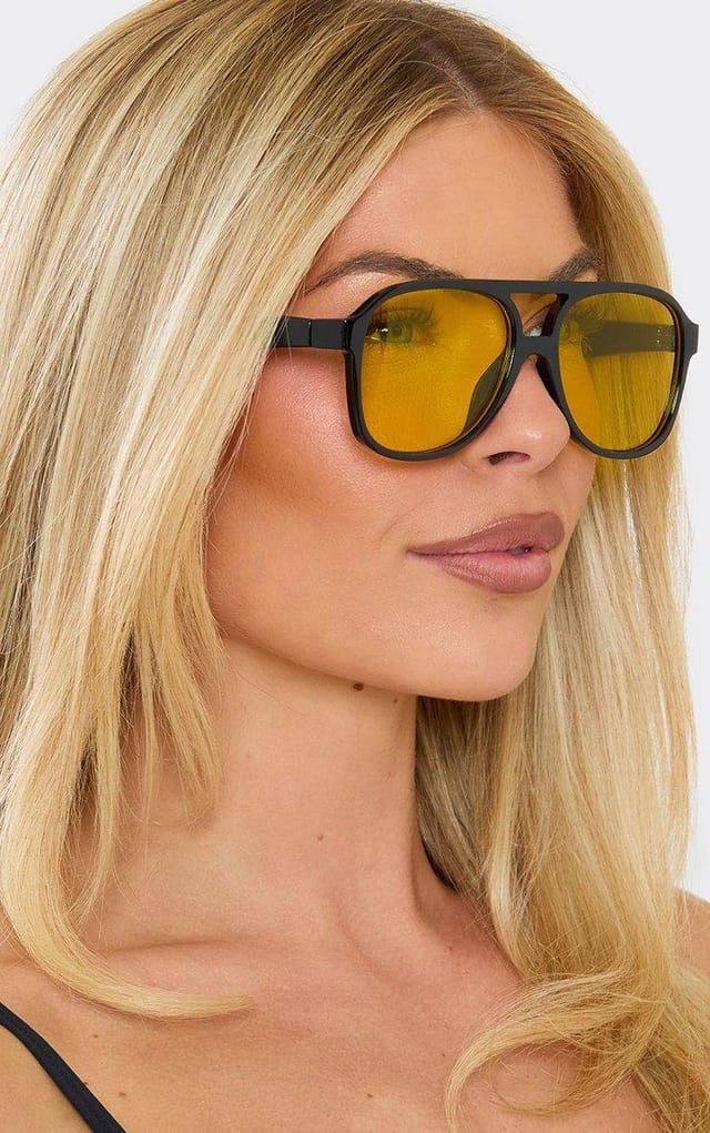 EGO Thin Frame Yellow Tinted Lense Aviator Sunglasses In Black, Women's Size UK 0 - 2