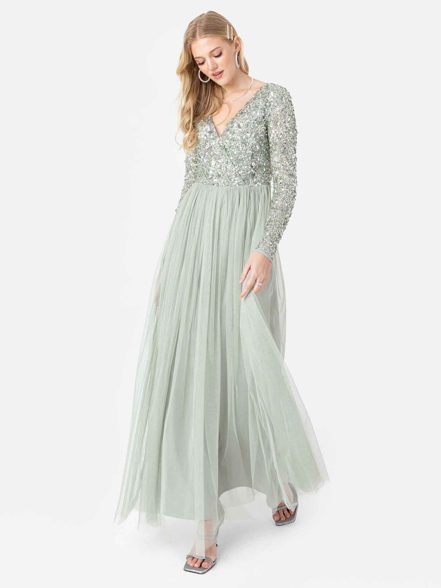Maya Deluxe Maya Deluxe Women's Faux Wrap Front Embellished Maxi Dress in Mint