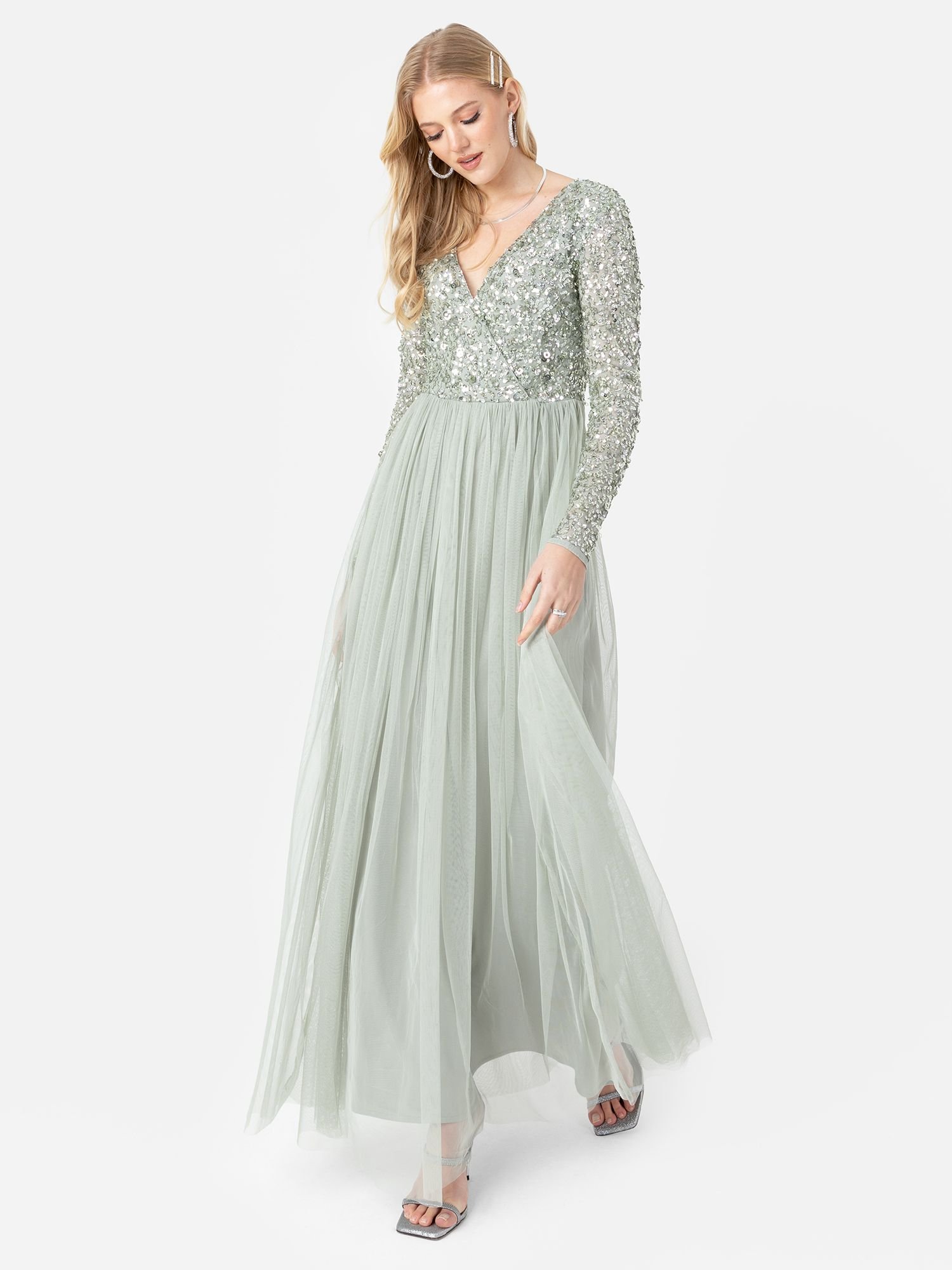 Maya Deluxe Maya Deluxe Women's Faux Wrap Front Embellished Maxi Dress in Mint - 3