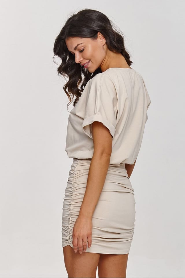 Love Lace Love Lace Women's Ruching Mini Dress Short Sleeve Elegant Fit in Beige - 3