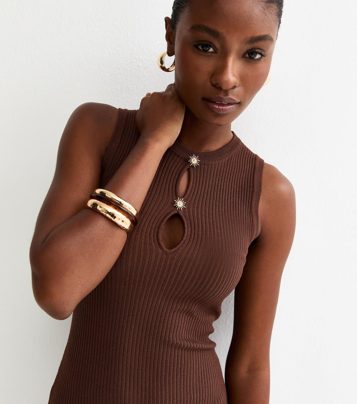 New Look Women's Brown Ribbed Star Button Midi Dress New Look