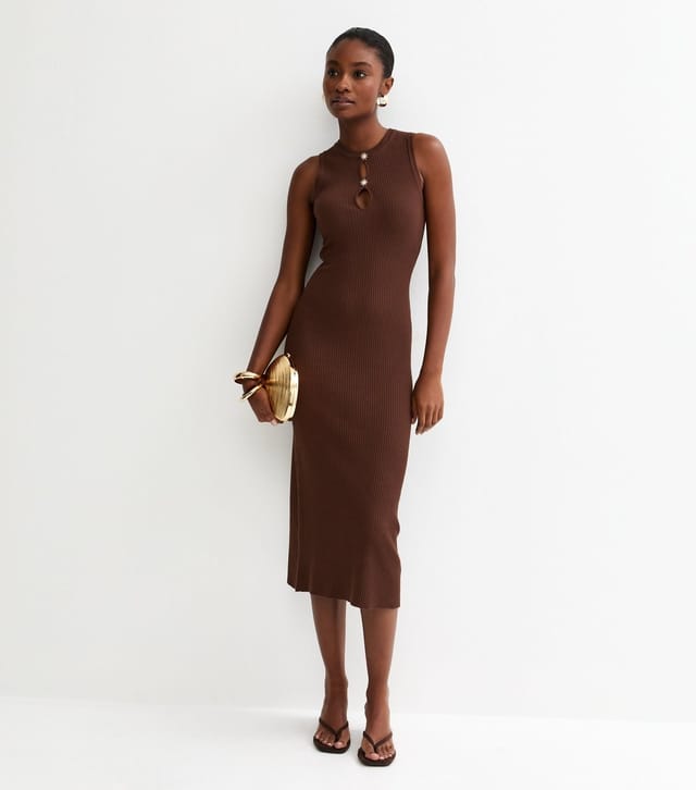 New Look Women's Brown Ribbed Star Button Midi Dress New Look - 2