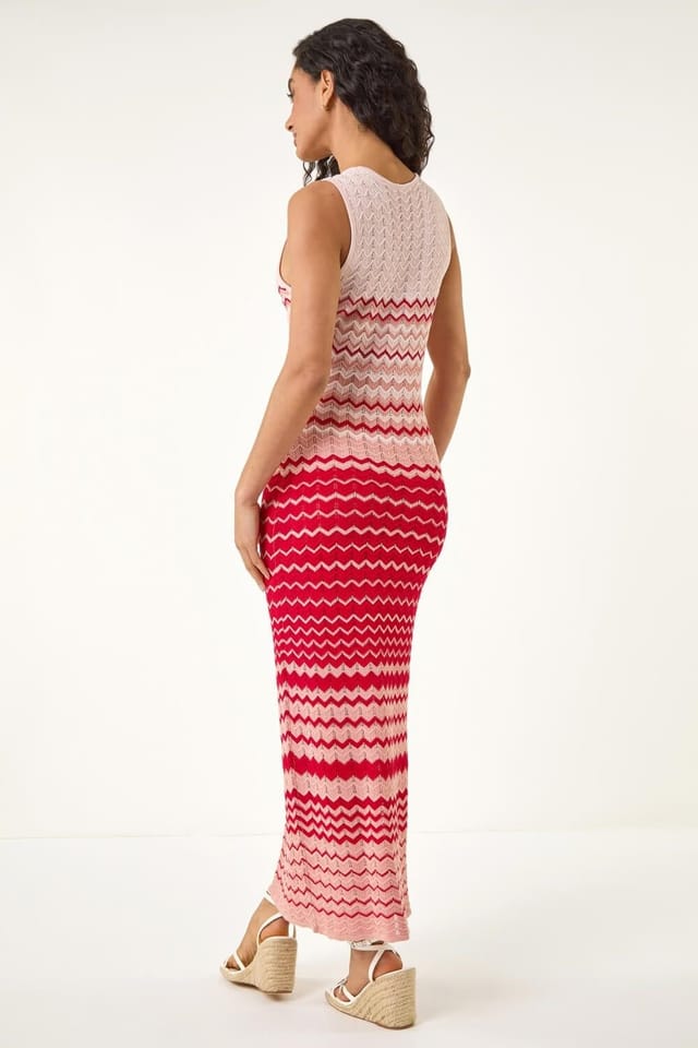 Dusk Dusk Women's Zig Zag Knitted Midi Dress in Red - 3