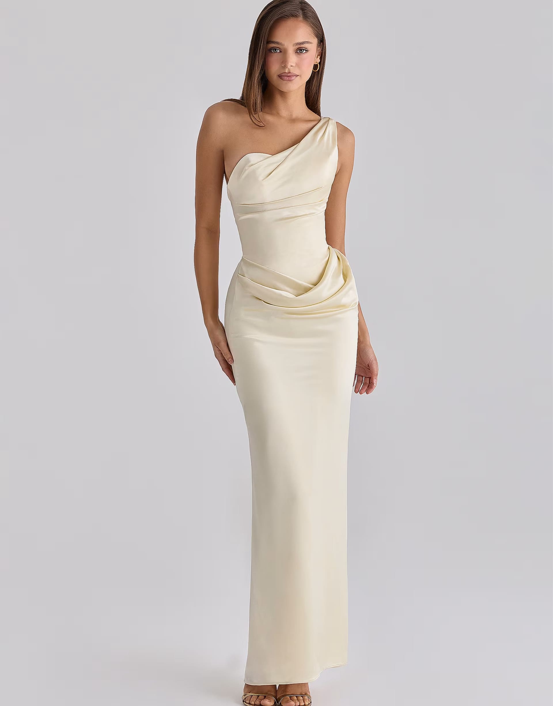 House of CB Lemon One Shoulder Satin Maxi Dress