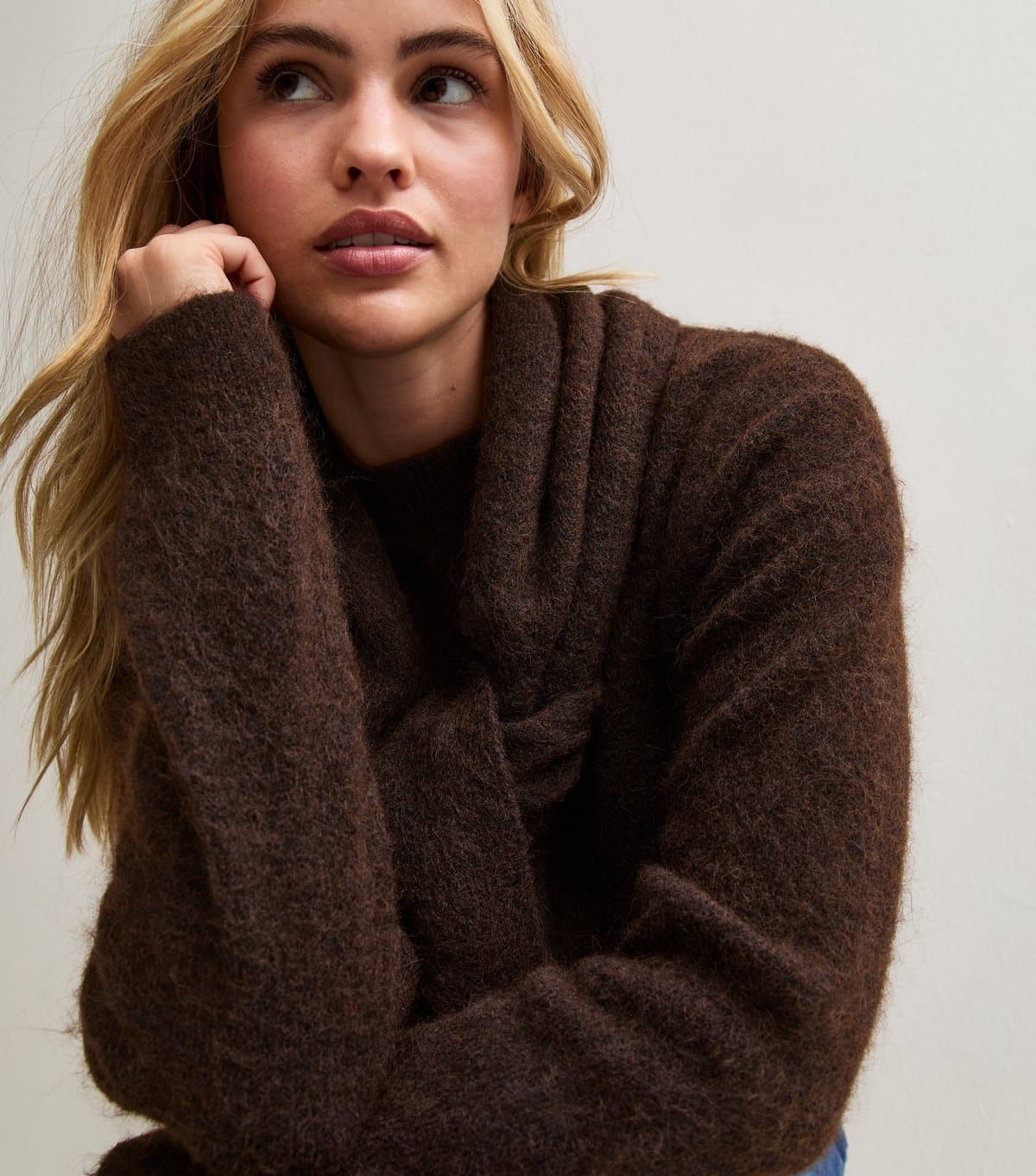 New Look Women's Dark Brown Knit Scarf Jumper with Wool New Look