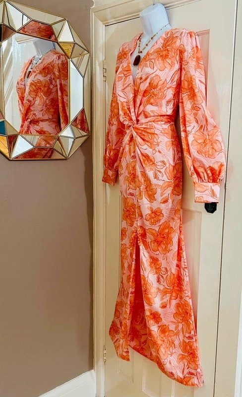 River Island Floral print satin twist dress maxi wedding special occasion holiday evening 12