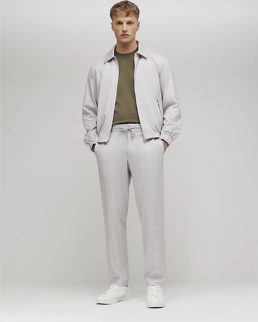 River Island Mens River Island Beige Check Slim Elasticated Smart Joggers