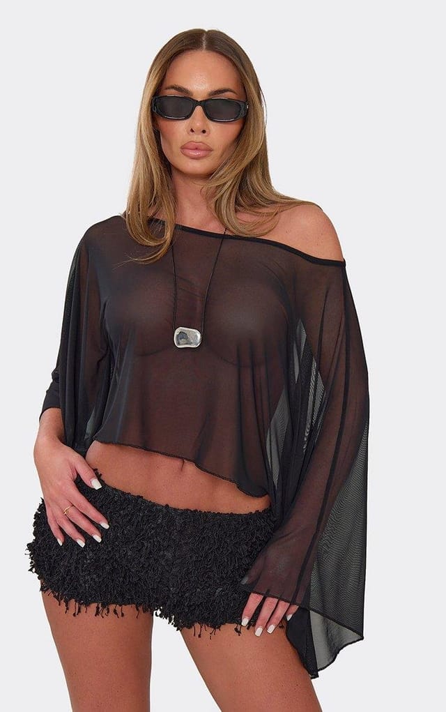 EGO Off The Shoulder Top In Black Mesh, Women's Size UK 6 - 2