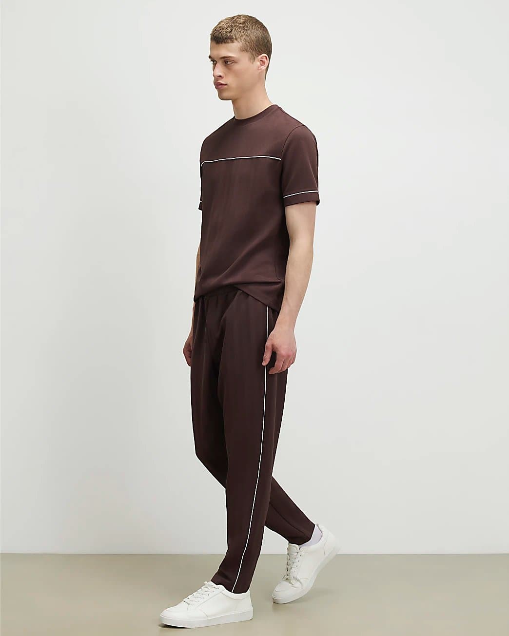 River Island Mens River Island Brown Slim Fit Piped Textured Joggers