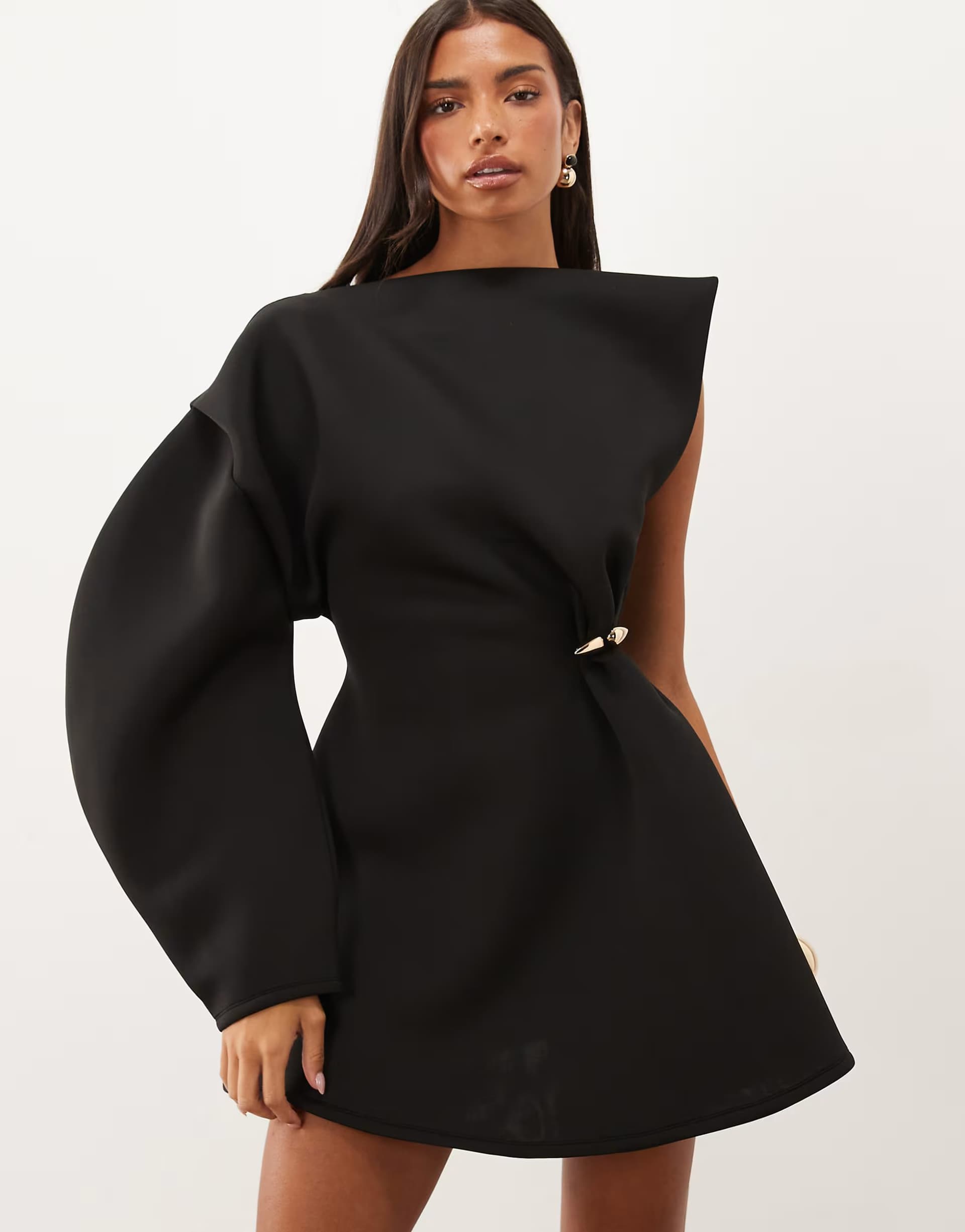 ASOS ASOS DESIGN gold hardware structured mini dress in one shoulder in black scuba-style fabric