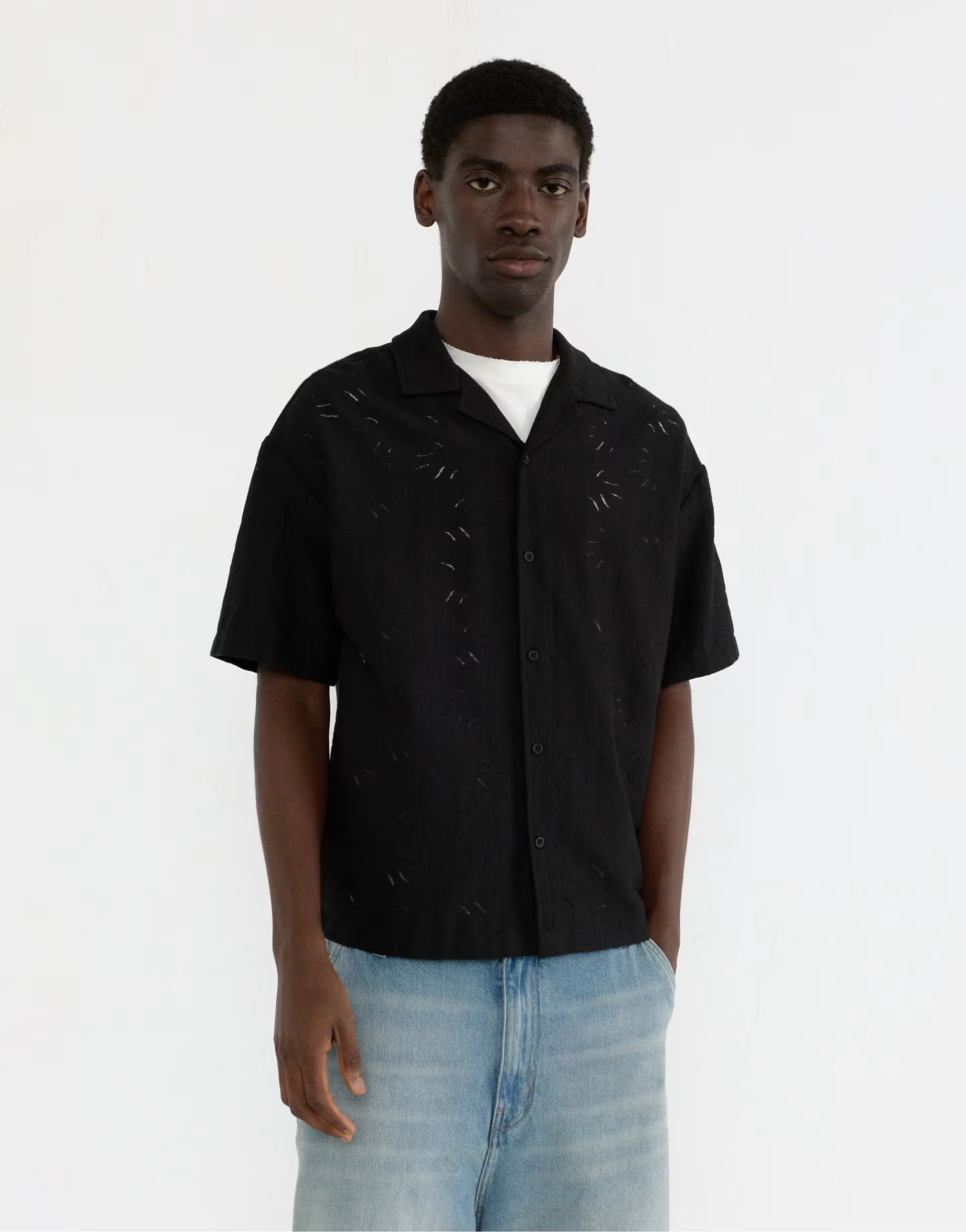 ASOS Pull&Bear Black openwork short sleeve shirt in black